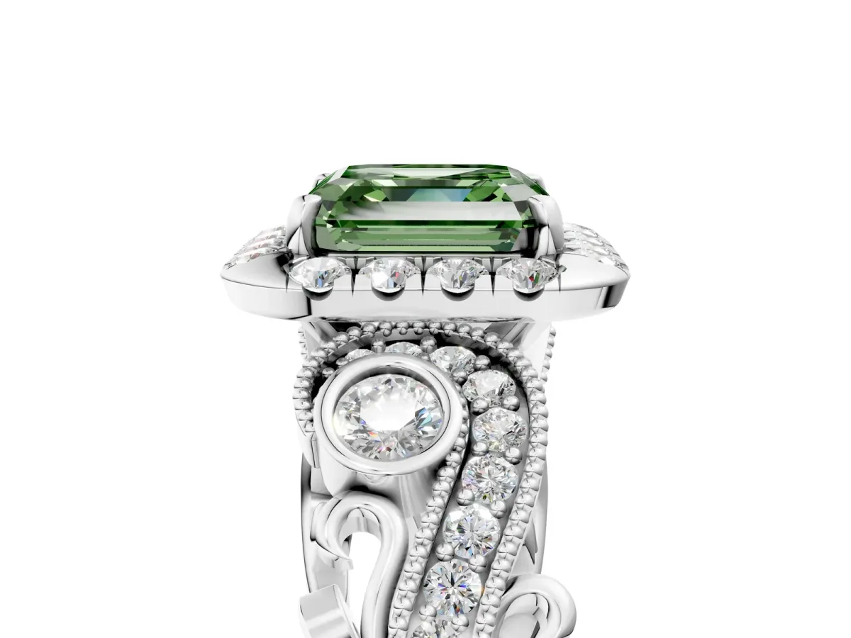 Fancy Green Asscher Cut Diamond Halo Ring with Milgrain Pavé Band and Four-Prong Setting White gold