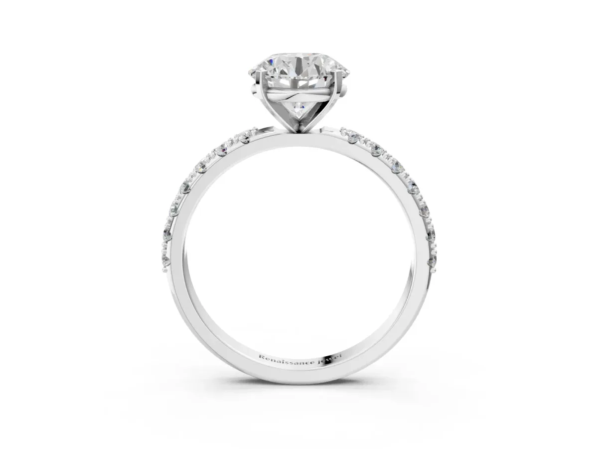 Round Cut Diamond Solitaire Pavé Band with Four-Prong Setting Silver