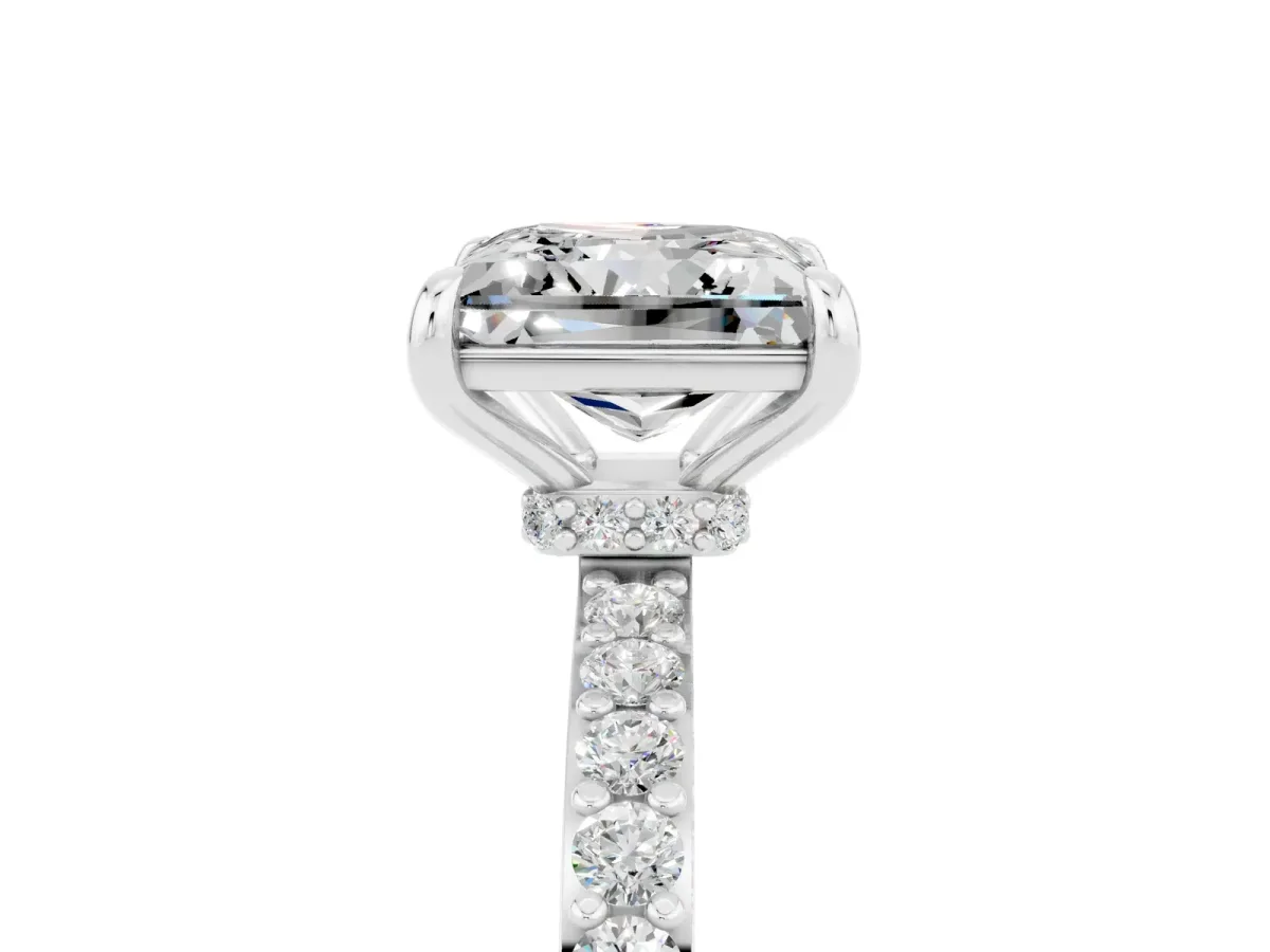 Princess Cut Moissanite Solitaire Engagement Ring with Pavé Band and Four-Prong Setting White gold