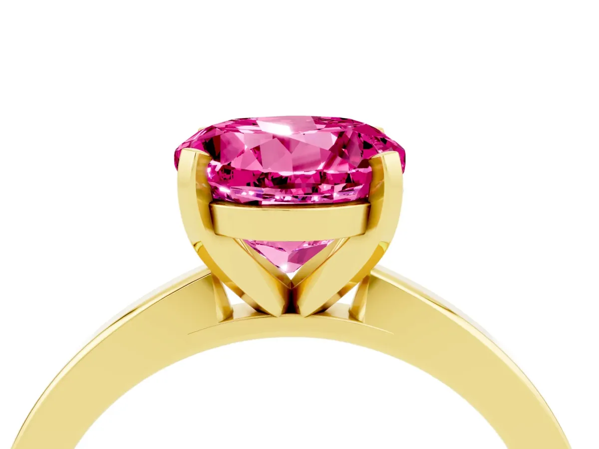 Round Cut Pink Sapphire Solitaire Engagement Ring with Classic Band and Four-Prong Setting Yellow gold