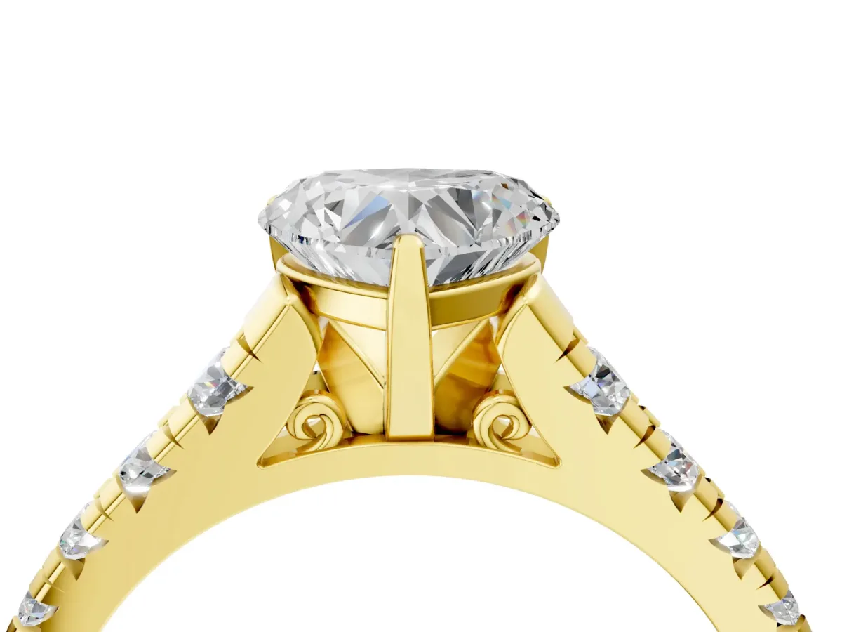 Heart Cut Diamond Cathedral Solitaire Ring with Round Moissanite Pavé Band Yellow gold