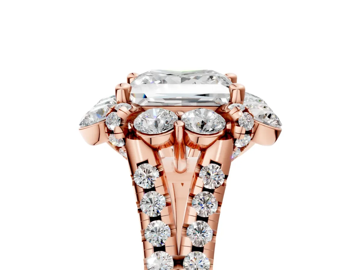 Princess Cut Halo Split Shank Diamond Engagement Ring with Pave Band and Four-Prong Setting Rose gold