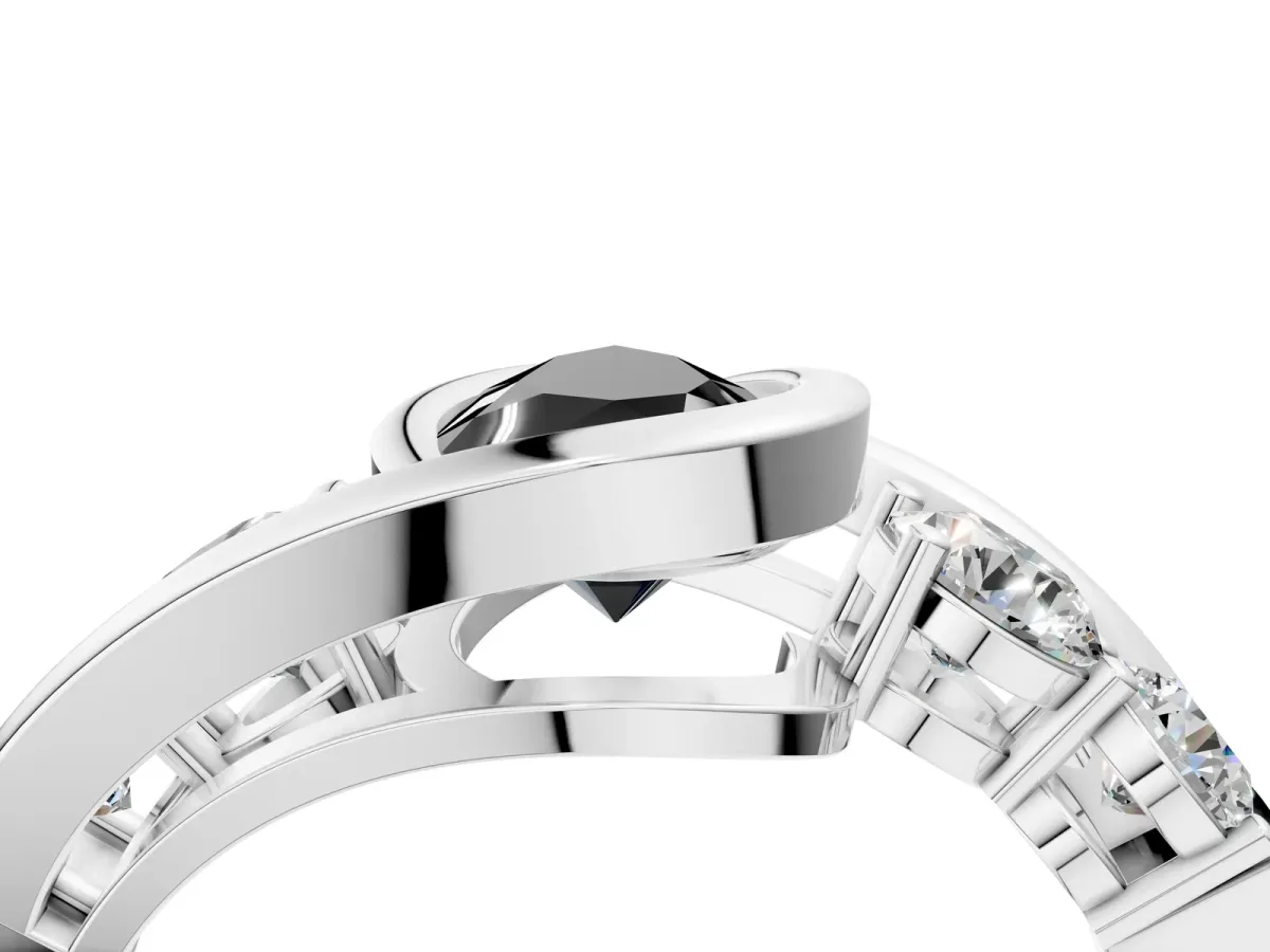 Fancy Black Bezel Set Pear Cut Diamond Bypass Ring with Round Accents Silver
