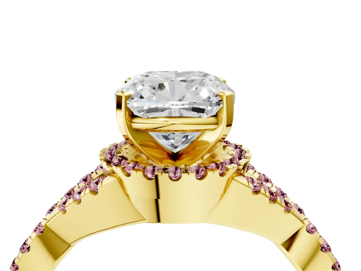 Cushion Cut Diamond Morganite Halo Twist Band Solitaire Prong Setting Ring Yellow gold