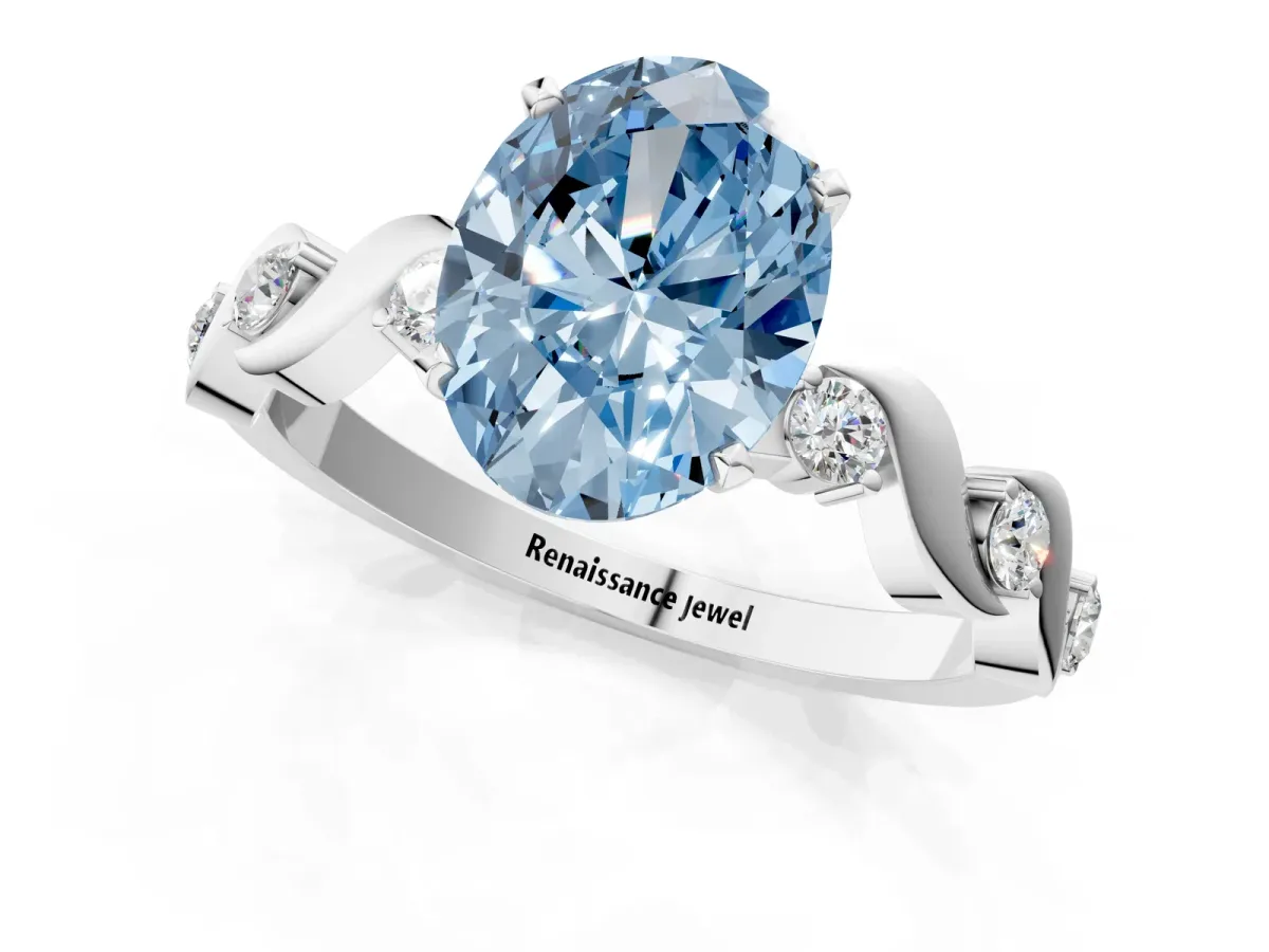 Fancy Blue Oval Cut Diamond Solitaire Twisted Band with Round Accents and Prong Setting Silver