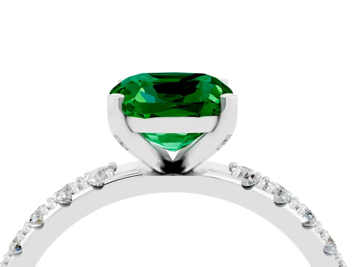 Cushion Cut Emerald Solitaire Pavé Band with Four-Prong Setting Silver