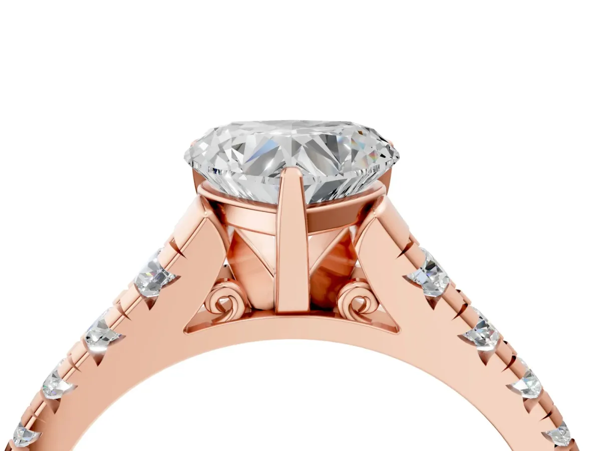 Heart Cut Diamond Cathedral Solitaire Ring with Round Moissanite Pavé Band Rose gold
