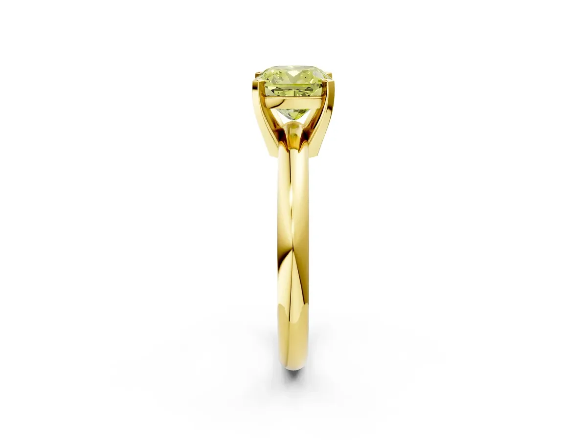 Fancy Yellow Cushion Cut Diamond Solitaire Engagement Ring with Round Band and Four-Prong Setting Yellow gold