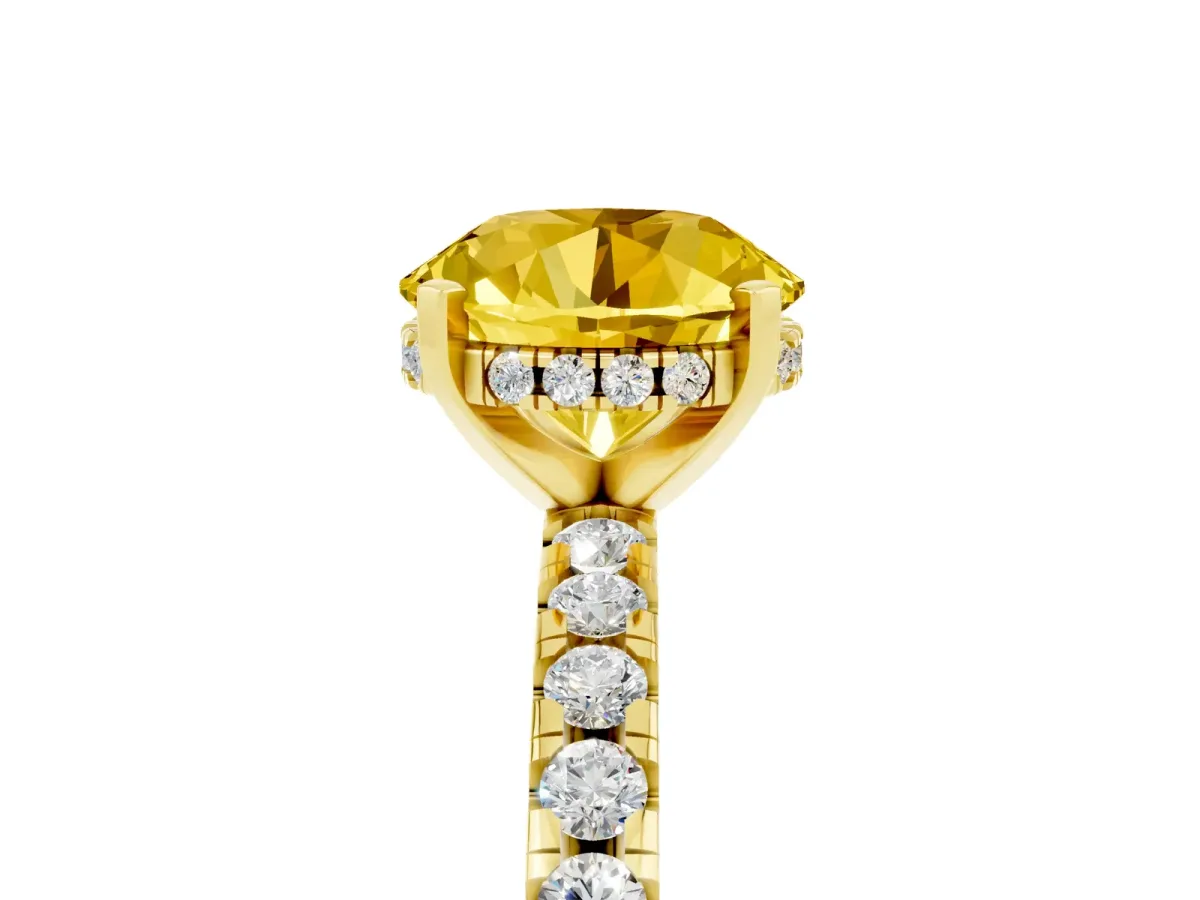 Round Cut Yellow Sapphire Solitaire Ring with Round Pavé Band and Four-Prong Setting Yellow gold