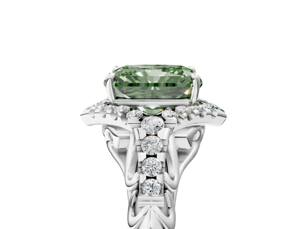 Fancy Green Radiant Cut Diamond Solitaire Ring with Hidden Halo and Pavé Band White gold