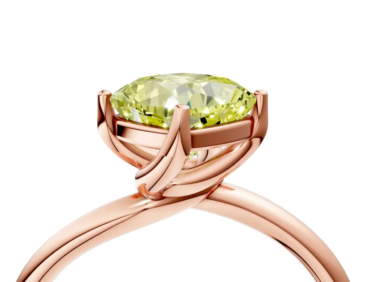 Fancy Yellow Cushion Cut Diamond Solitaire Engagement Ring with Four-Prong Setting and Classic Band Rose gold