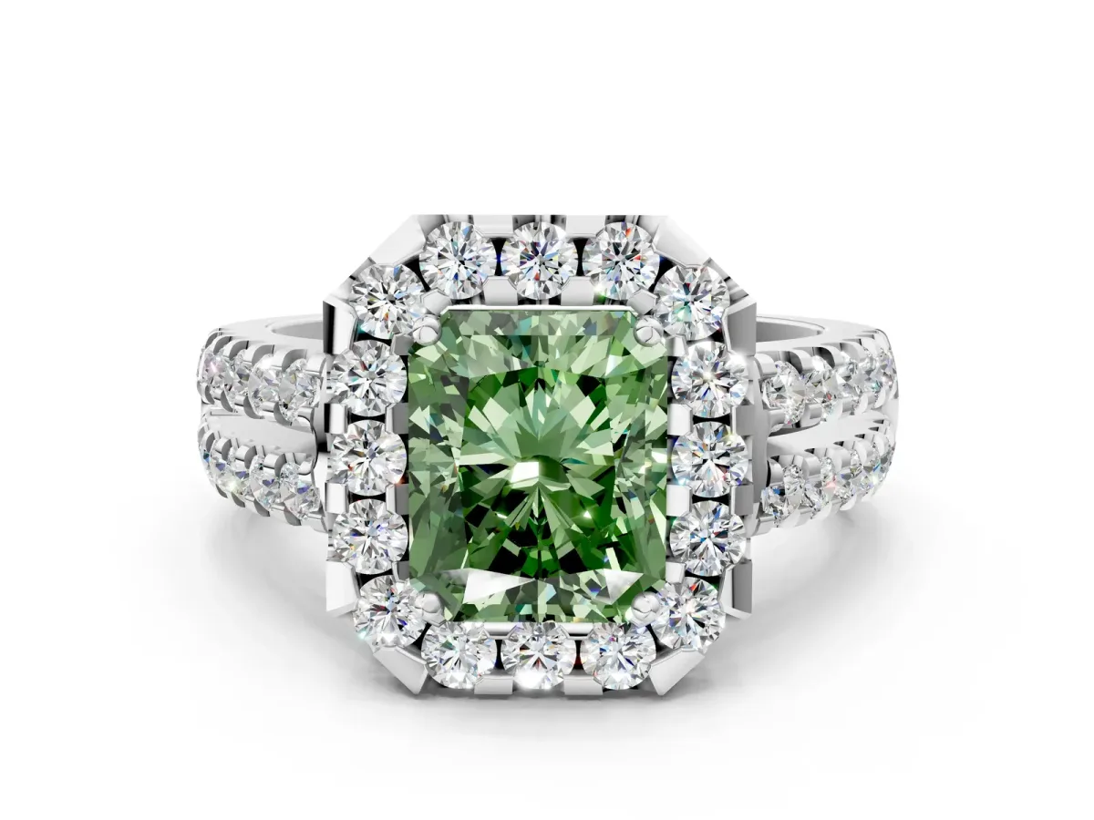 Fancy Green Radiant Cut Halo Diamond Split Shank Engagement Ring with Prong Setting Platinum