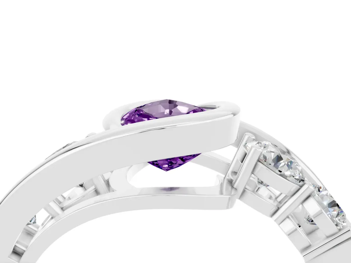 Bezel Set Pear Cut Amethyst Bypass Ring with Round Accents Platinum