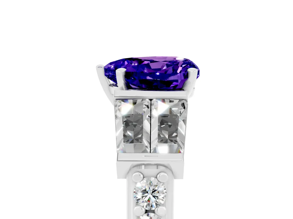 Heart Cut Tanzanite Engagement Ring with Baguette Side Stones and Channel Set Band Platinum
