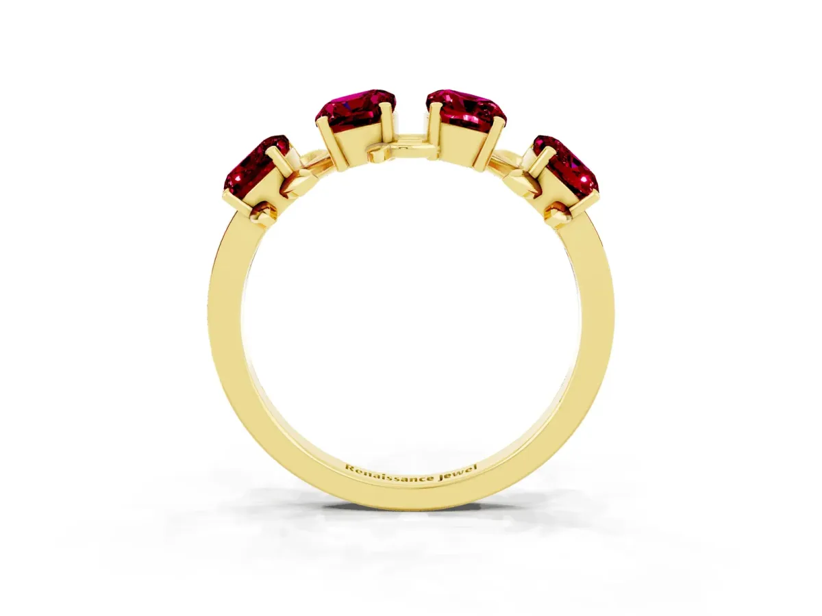 Four-Stone Elongated Cushion Garnet Band with Nature-Inspired Prong Setting Yellow gold