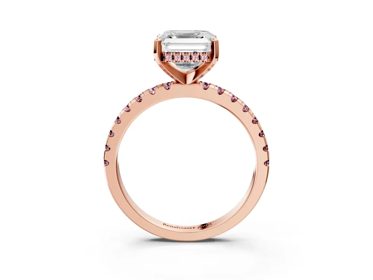 Asscher Cut Diamond Solitaire Ring with Round Morganite Pavé Band and Four-Prong Setting Rose gold