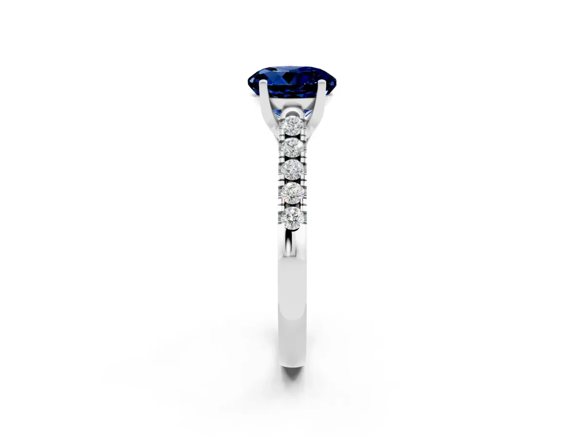 Round Cut Blue Sapphire Pavé Band Solitaire Ring with Prong Setting White gold