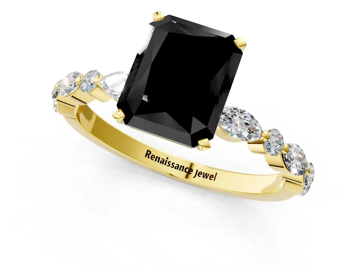 Fancy Black Radiant Cut Diamond Ring with Marquise and Round Side Stones and Four-Prong Setting Yellow gold
