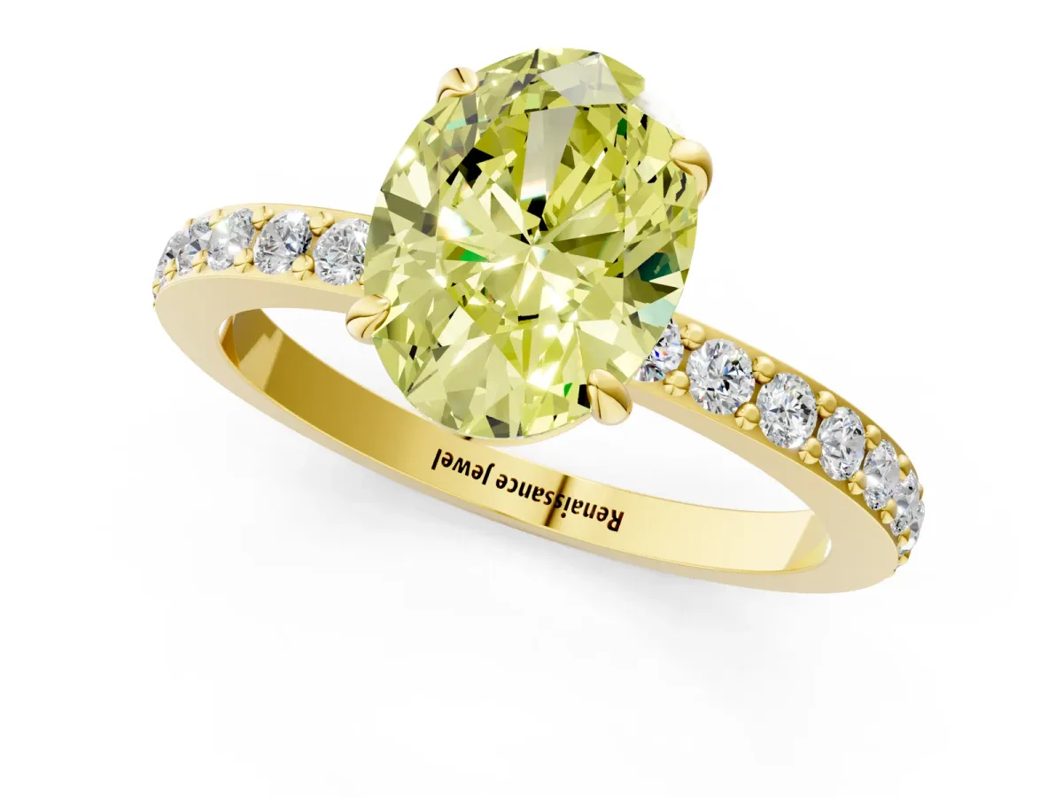 Fancy Yellow Oval Cut Diamond Solitaire Engagement Ring with Pavé Band and Four-Prong Setting Yellow gold