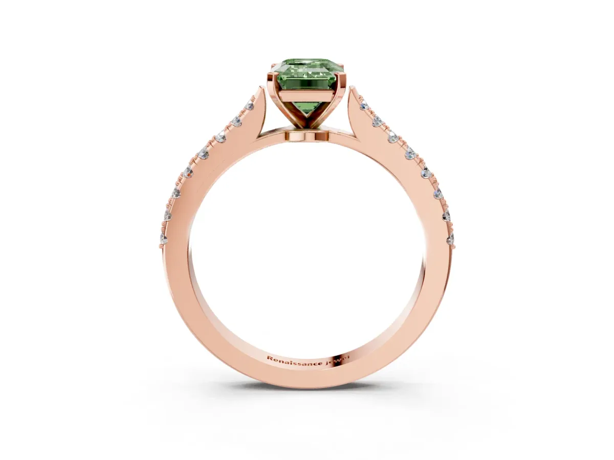 Fancy Green Emerald Cut Cut Solitaire Diamond Engagement Ring with Pave Band and Four-Prong Setting Rose gold