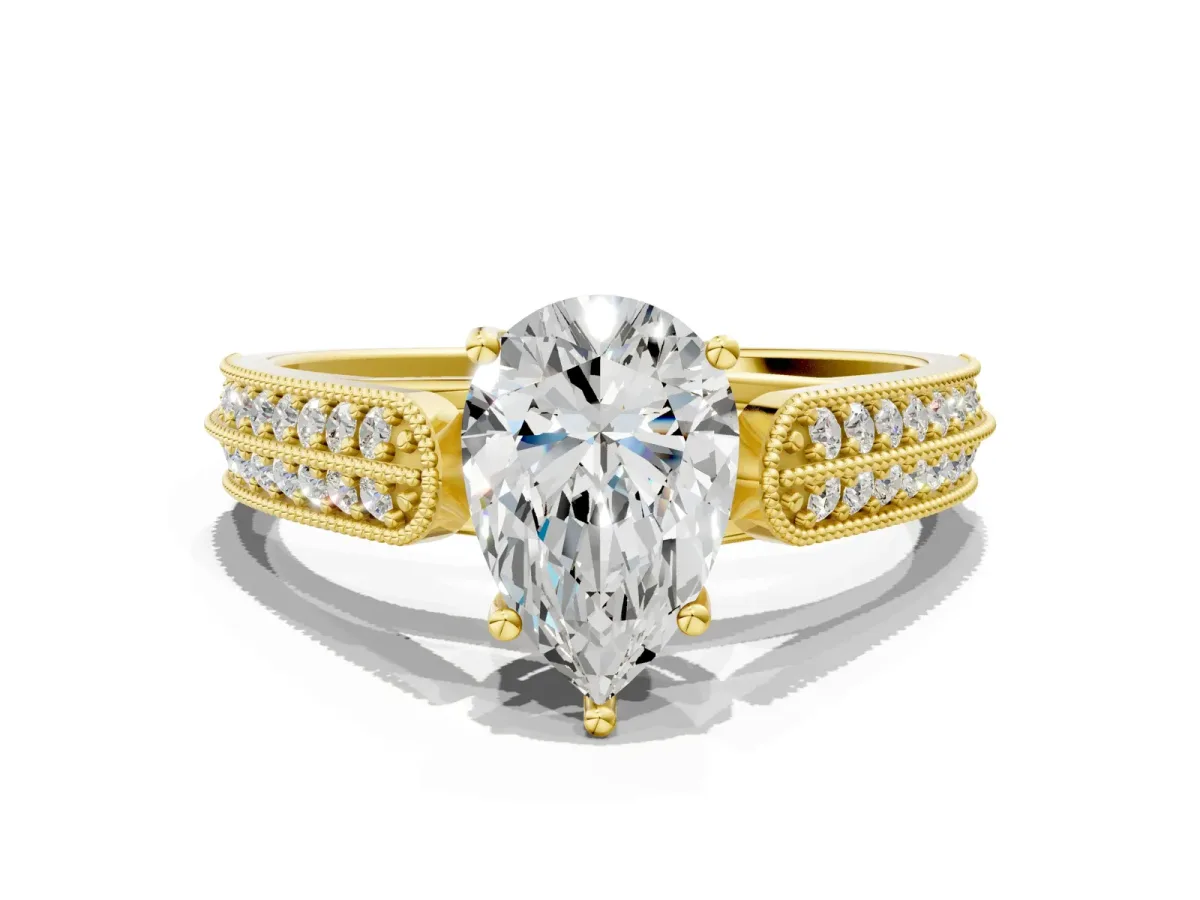 Pear Cut Cut Pave Split Shank Engagement Ring with Four-Prong Setting Yellow gold