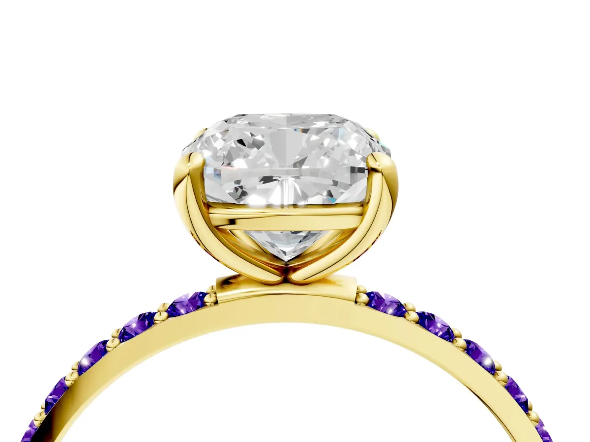 Cushion Cut Diamond Solitaire Ring with Round Tanzanite Pavé Band and Prong Setting Yellow gold