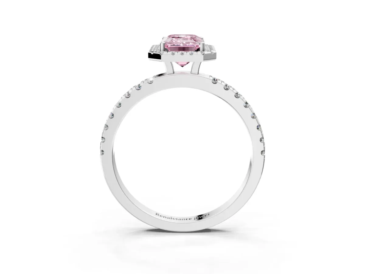 Fancy Pink Emerald Cut Diamond Classic Halo Engagement Ring with Round Pavé Band and Prong Setting White gold