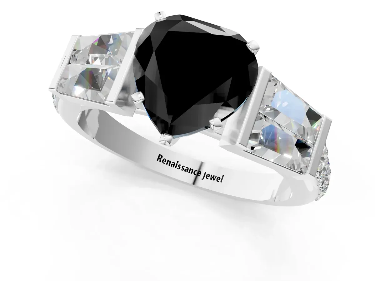 Fancy Black Heart Cut Diamond Engagement Ring with Baguette Side Stones and Channel Set Band Platinum