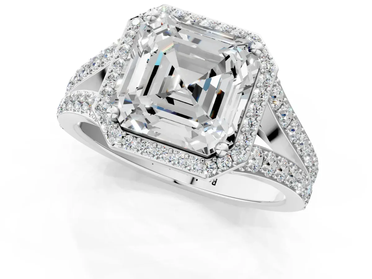 Asscher Cut Diamond Split Shank Halo Ring with Four-Prong Setting Platinum