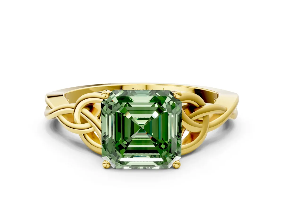 Fancy Green Asscher Cut Diamond Solitaire Engagement Ring with Celtic Knot Band and Four-Prong Setting Yellow gold