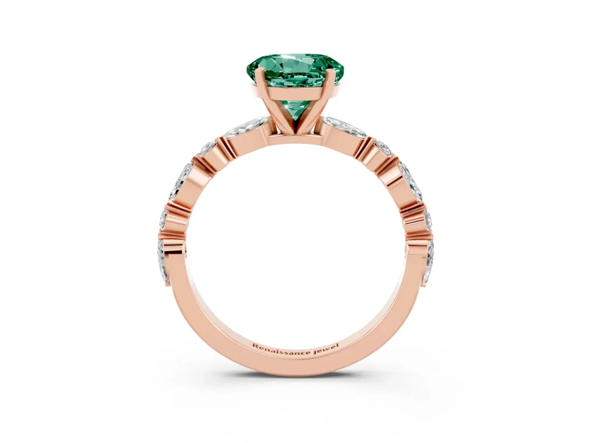 Round Cut Green Sapphire Ring with Marquise and Round Side Stones and Four-Prong Setting Rose gold