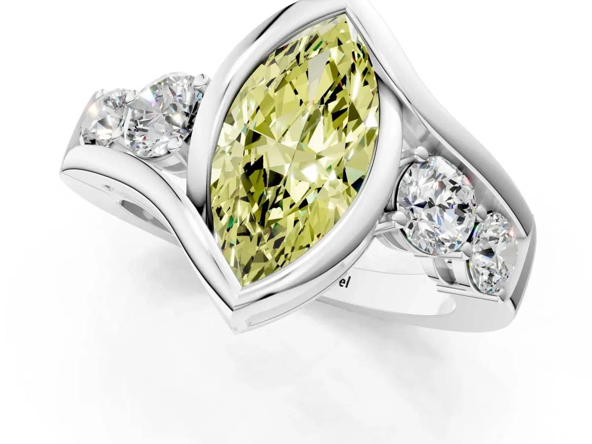 Fancy Yellow Bezel Set Marquise Cut Diamond Bypass Ring with Round Accents Silver
