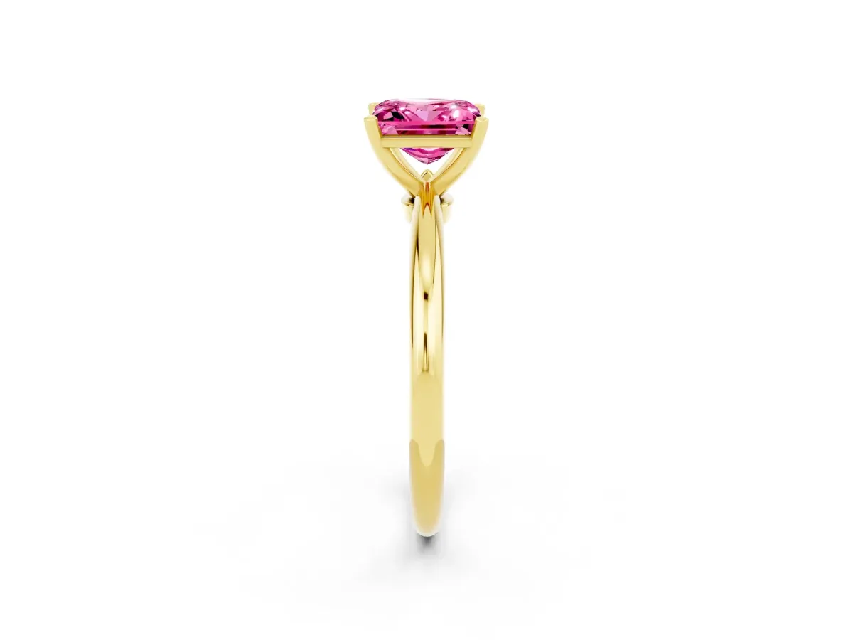 Princess Cut Pink Sapphire Solitaire Ring with Six-Prong Setting and Classic Band Yellow gold