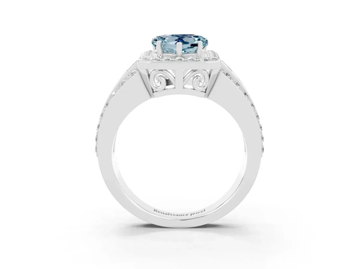 Heart Cut Halo Aquamarine Ring with Round Split Shank and Prong Setting White gold