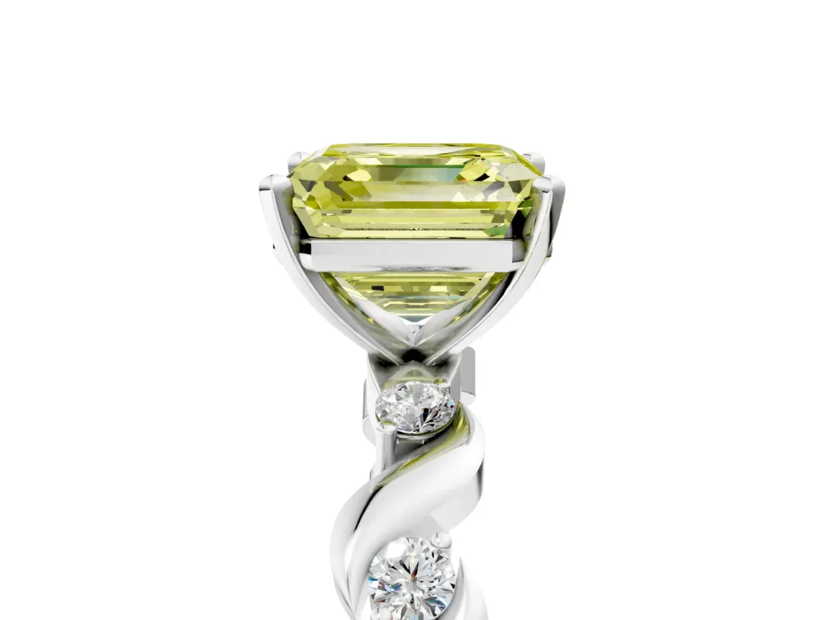 Fancy Yellow Asscher Cut Diamond Solitaire Twisted Band with Round Accents and Prong Setting White gold
