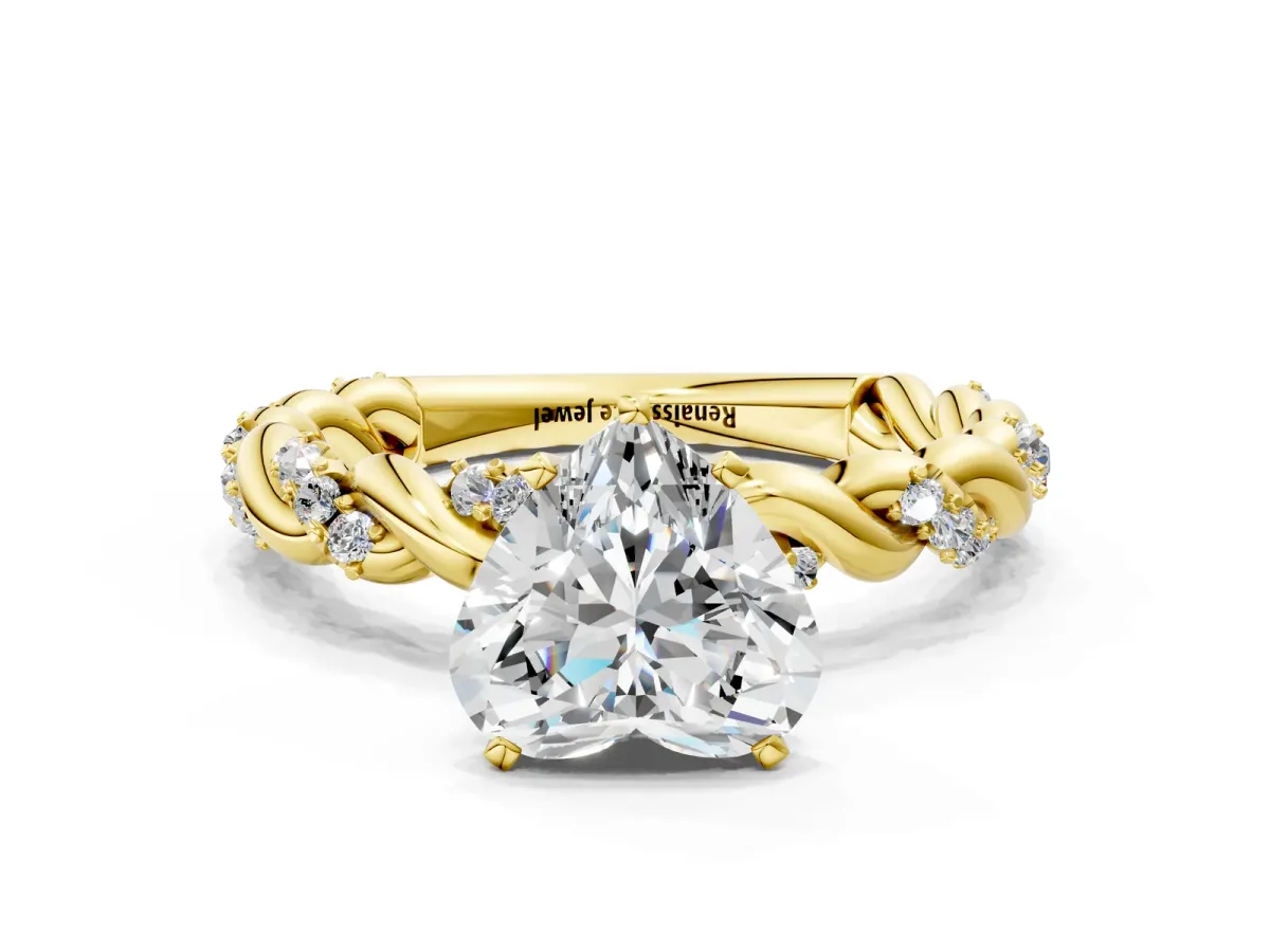 Heart Cut Diamond Solitaire Ring with Twisted Band and Pavé Accents Yellow gold