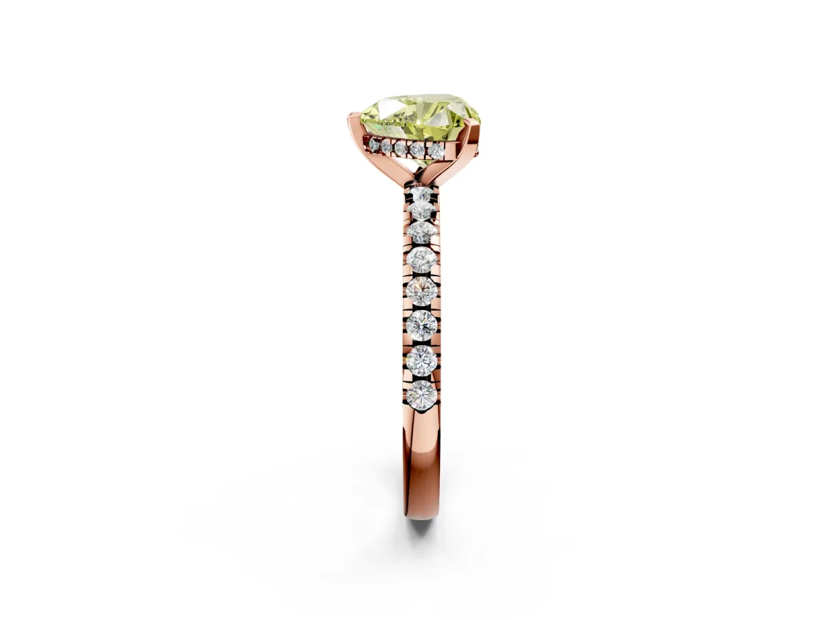 Fancy Yellow Heart Cut Diamond Solitaire Ring with Round Pavé Band and Four-Prong Setting Rose gold