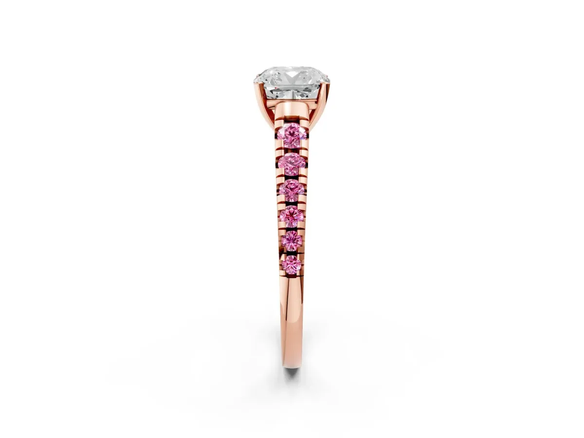 Cushion Cut Diamond Cathedral Solitaire Ring with Round Pink Sapphire Pavé Band Rose gold