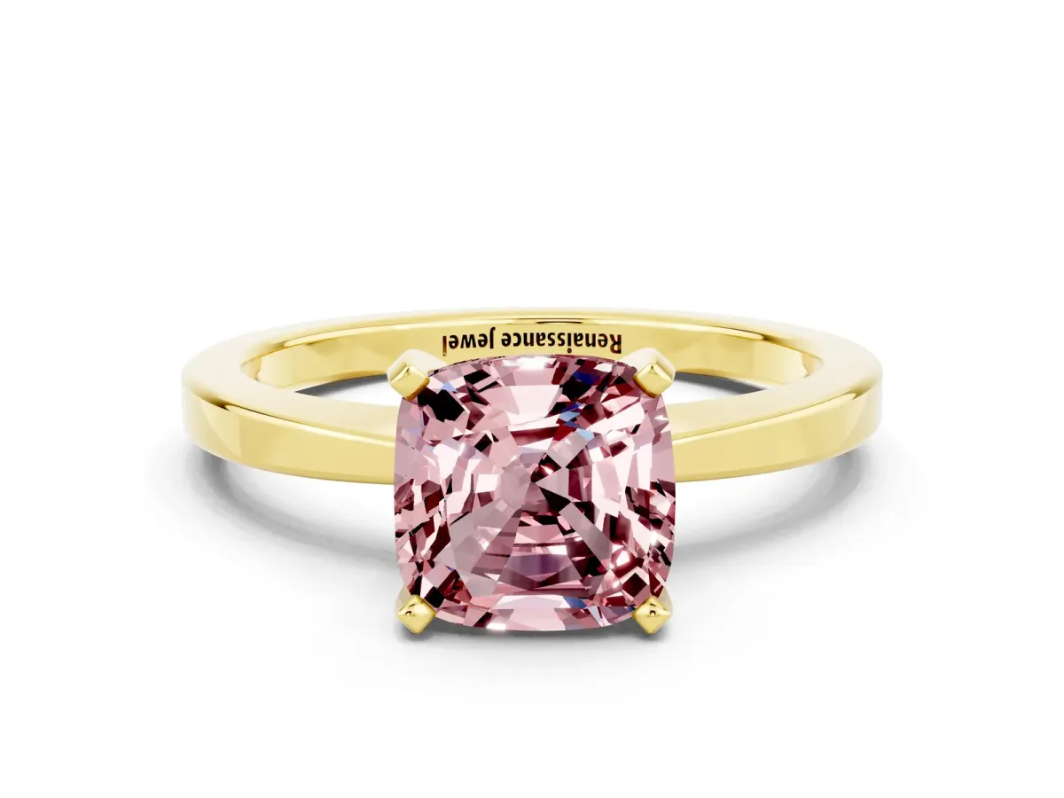 Cushion Cut Morganite Solitaire Engagement Ring with Classic Band and Four-Prong Setting Yellow gold
