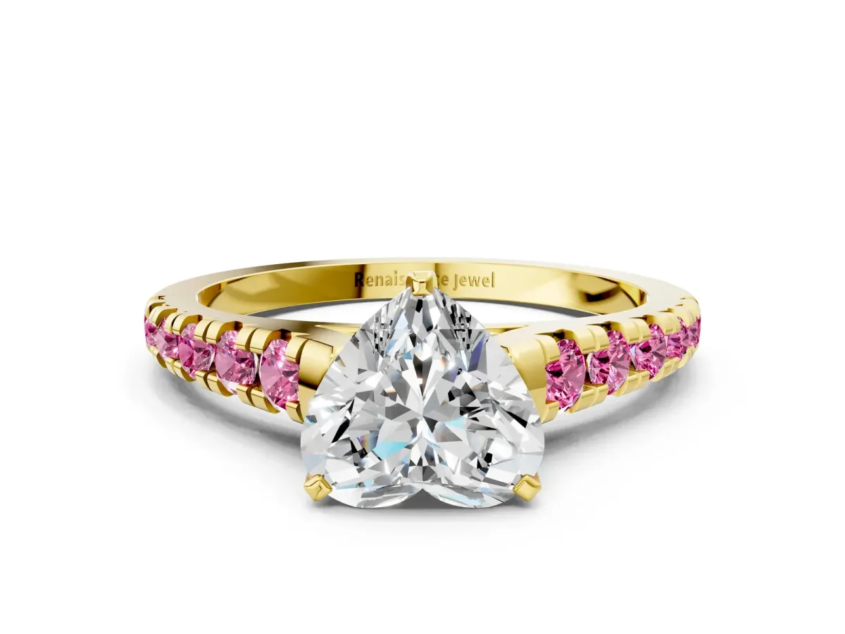 Heart Cut Diamond Cathedral Solitaire Ring with Round Pink Sapphire Pavé Band Yellow gold