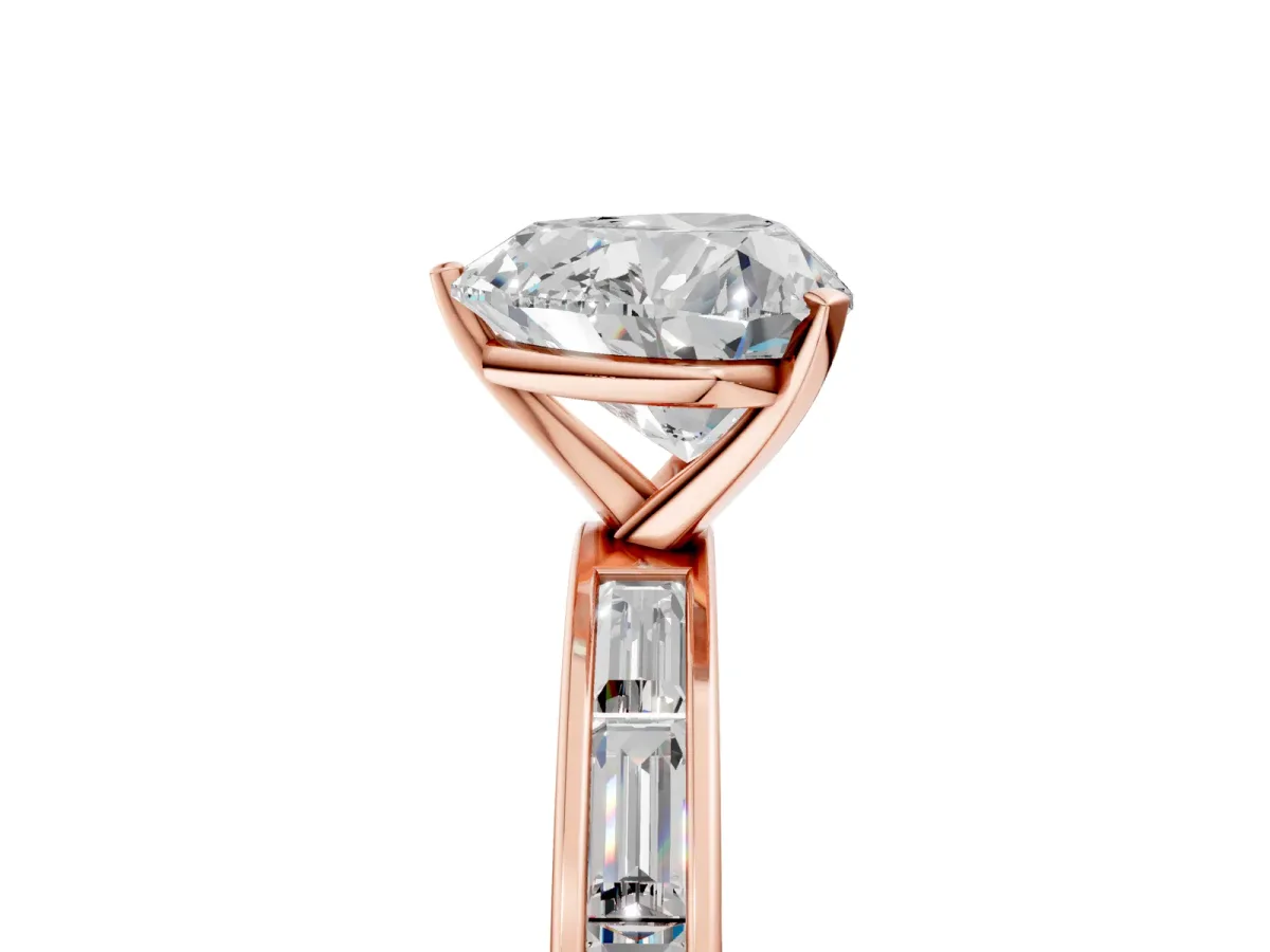 Heart Cut Solitaire Diamond Ring with Channel-Set Baguette Band and Four-Prong Setting Rose gold