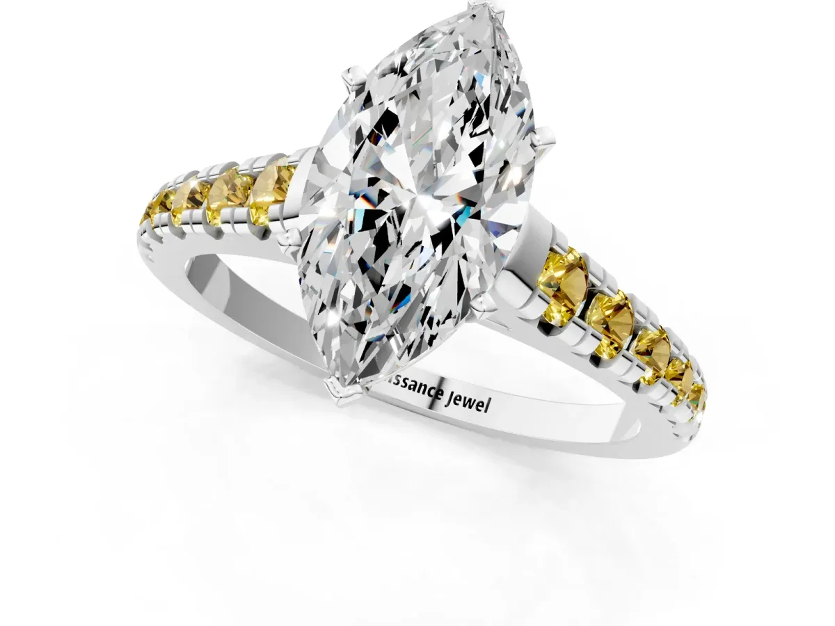 Marquise Cut Diamond Cathedral Solitaire Ring with Round Yellow Sapphire Pavé Band White gold