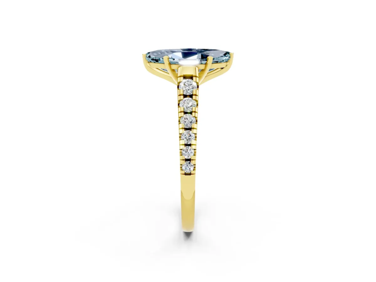 Marquise Cut Aquamarine Cathedral Solitaire Ring with Round Pavé Band Yellow gold