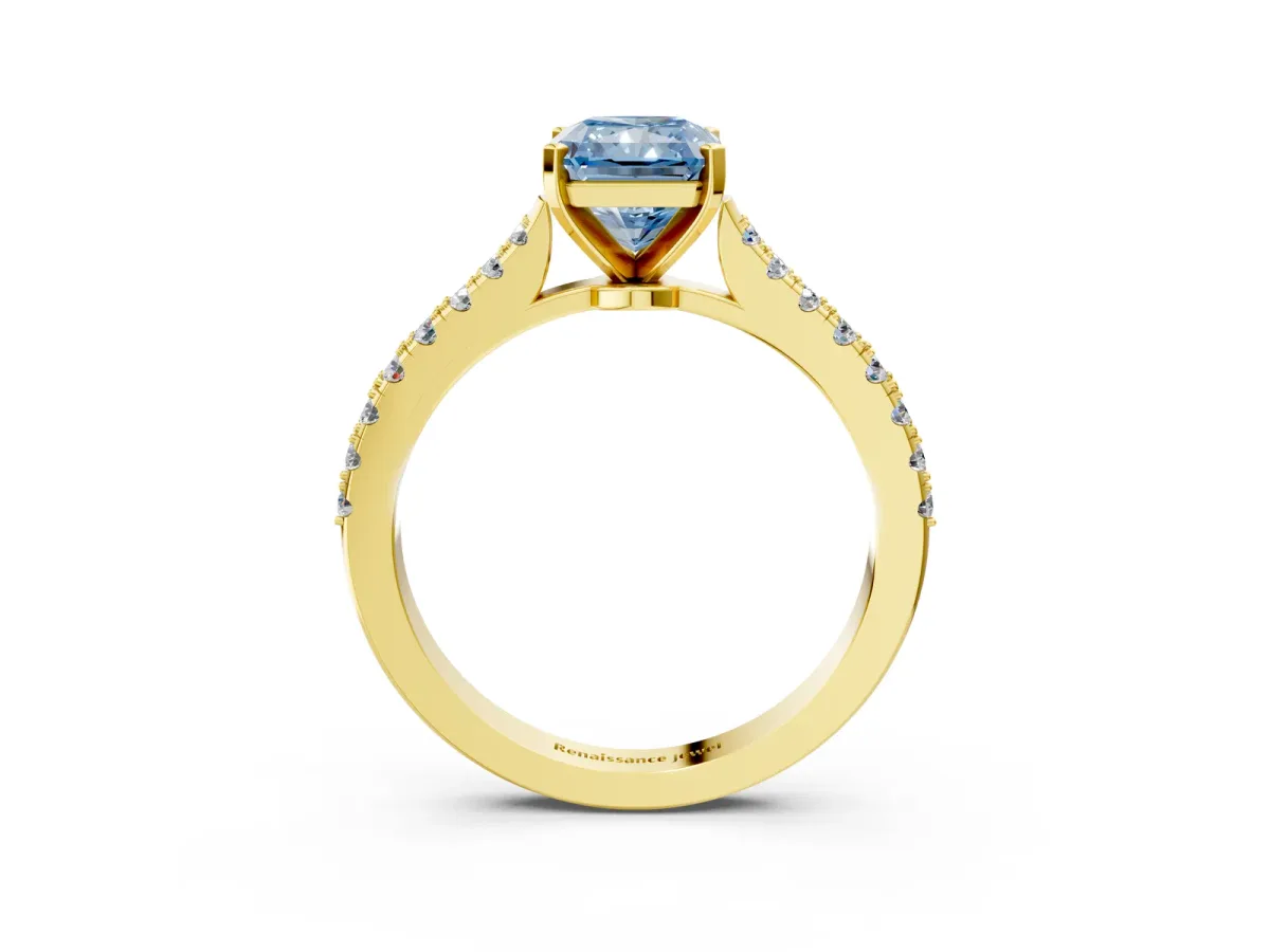 Fancy Blue Radiant Cut Cut Solitaire Diamond Engagement Ring with Pave Band and Four-Prong Setting Yellow gold