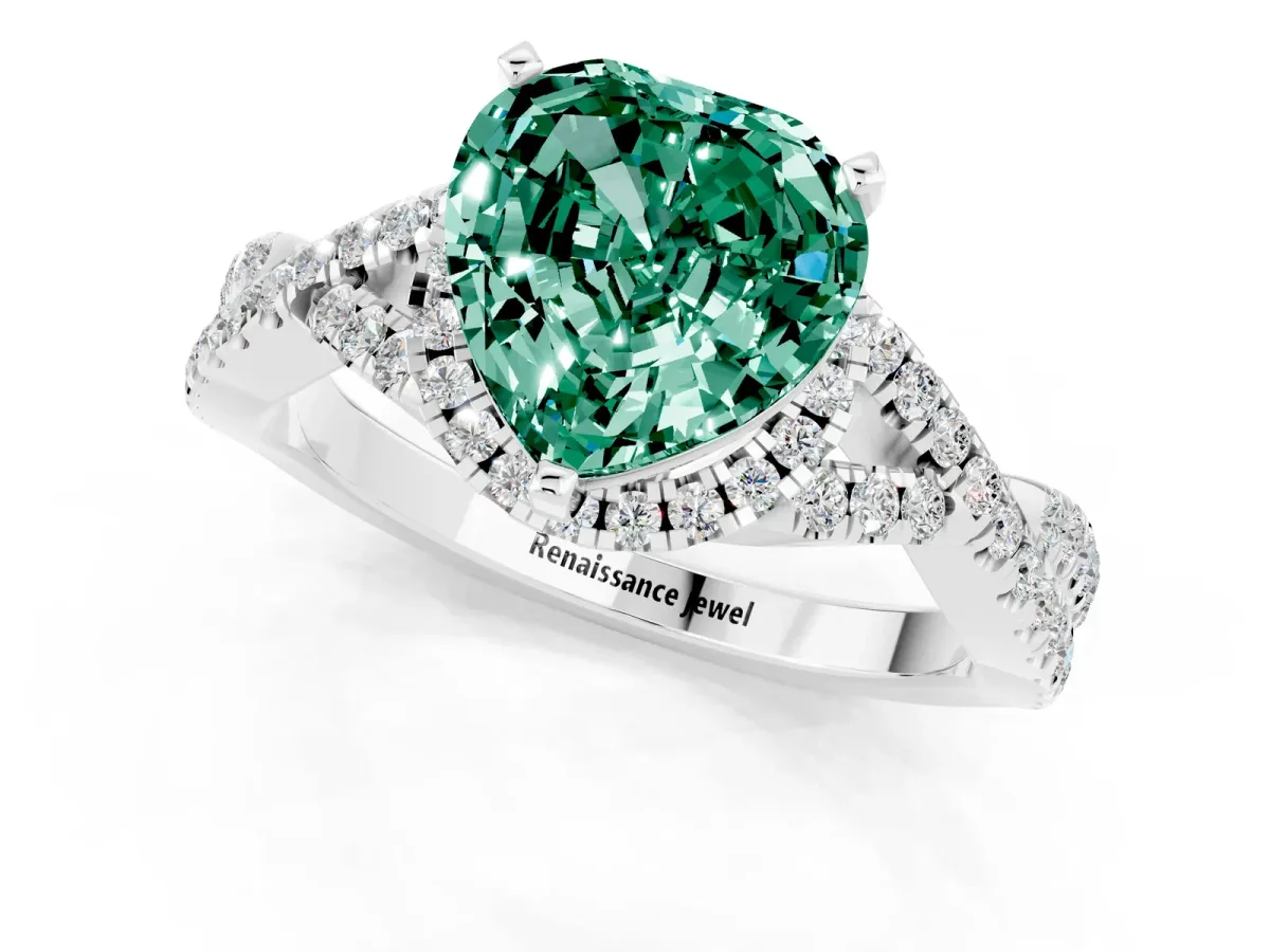 Heart Cut Green Sapphire Halo Twist Band Solitaire Prong Setting Ring White gold