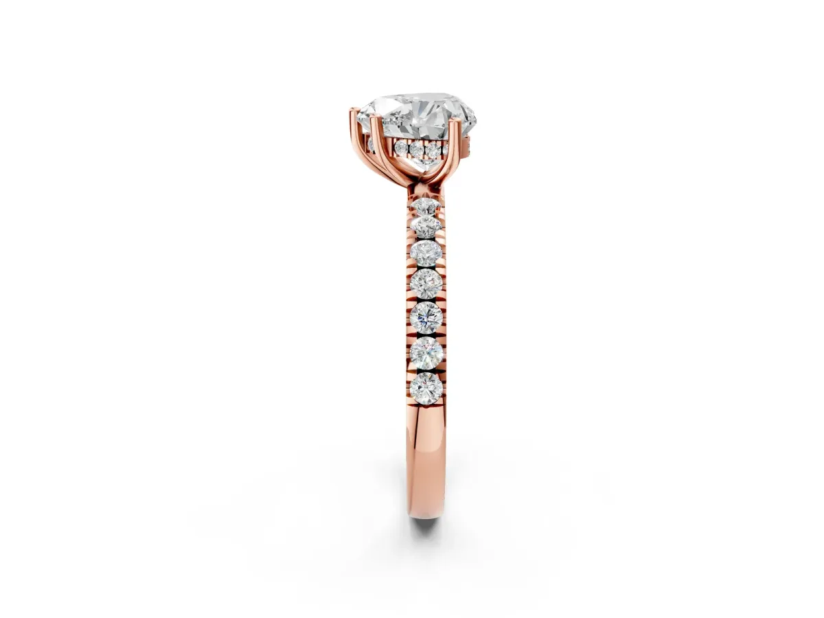 Heart Cut Diamond Pave Band Solitaire Ring with Round Moissanite and Prong Setting Rose gold