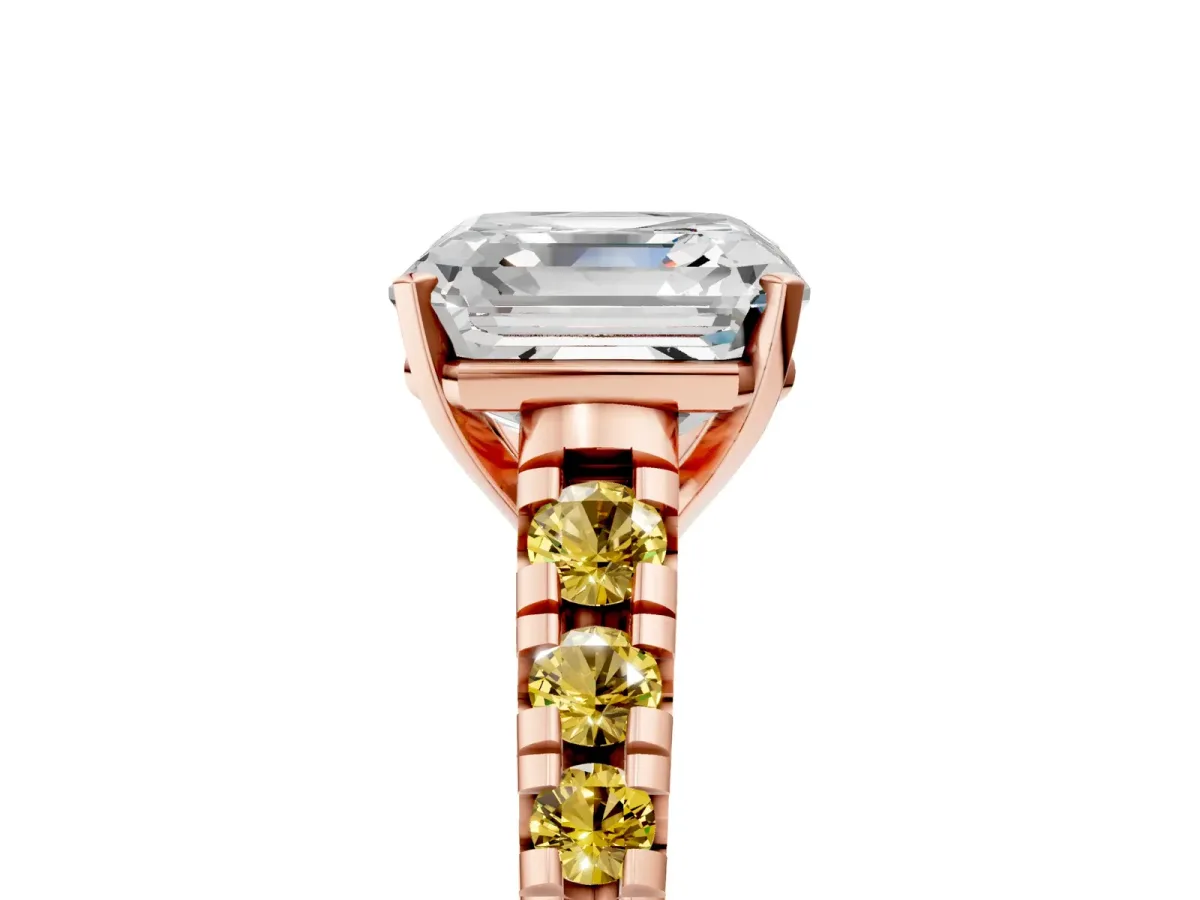Asscher Cut Diamond Cathedral Solitaire Ring with Round Yellow Sapphire Pavé Band Rose gold