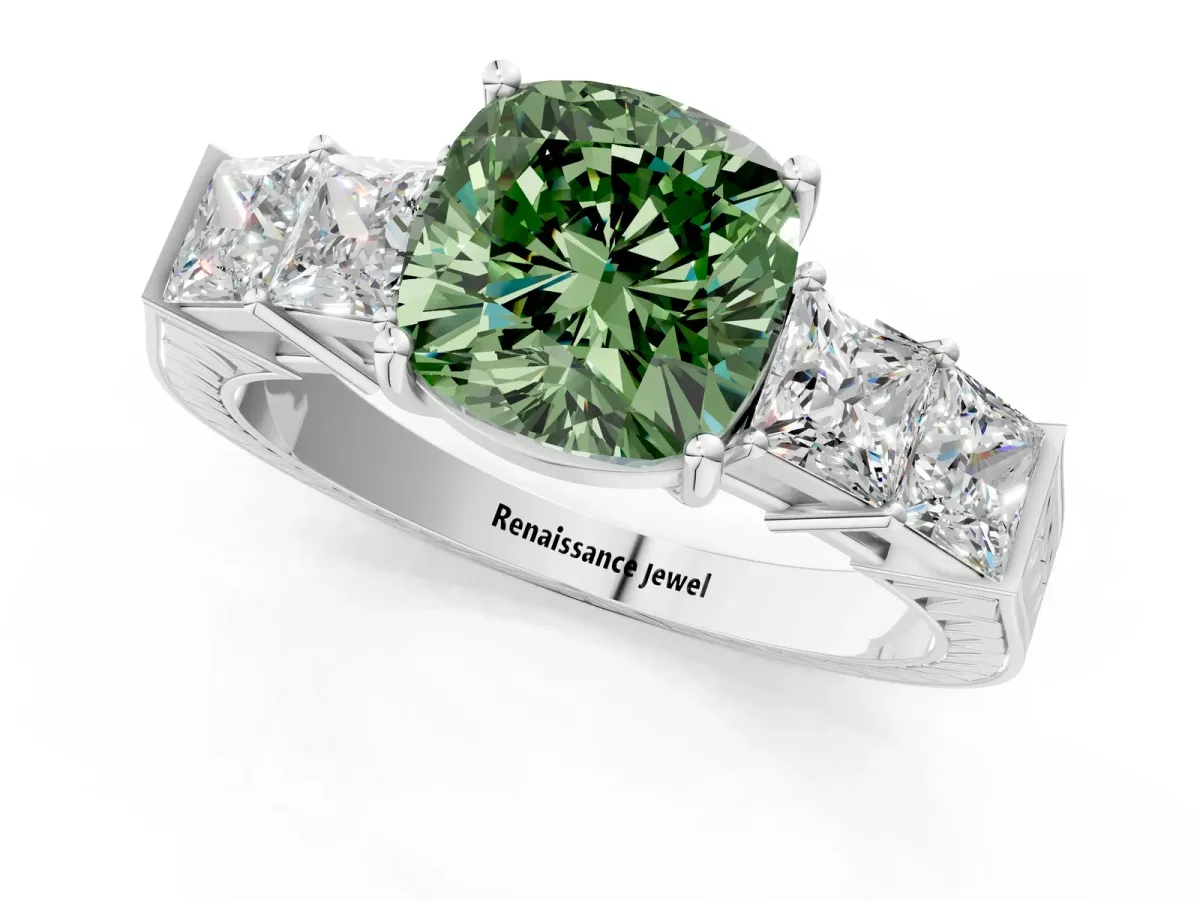 Fancy Green Cushion Cut Solitaire Princess Side Stone Engraved Band Prong Setting Ring Silver