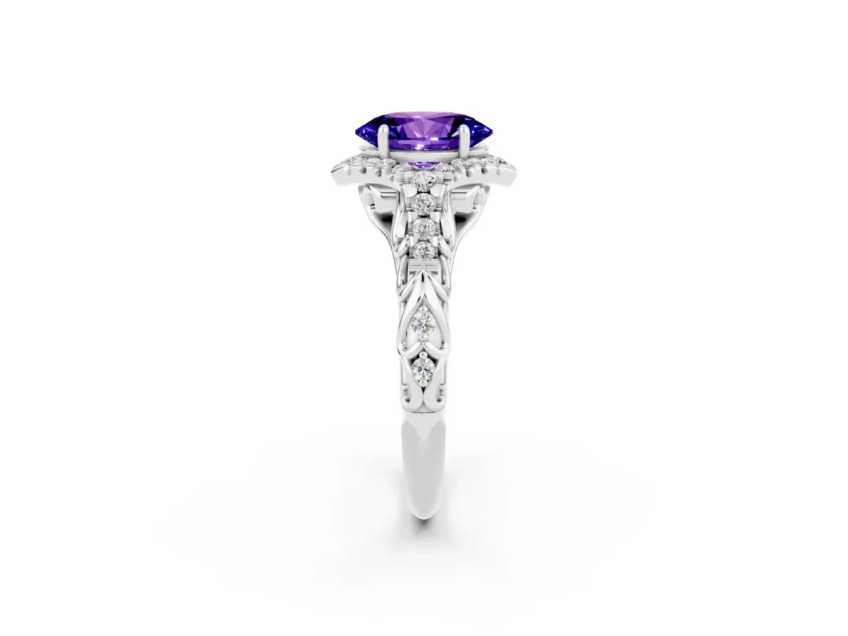 Oval Cut Tanzanite Solitaire Ring with Hidden Halo and Pavé Band White gold