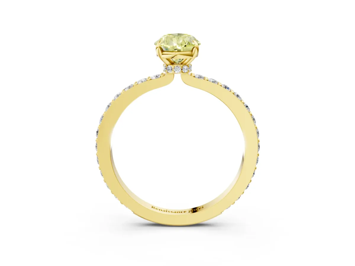 Fancy Yellow Pear Cut Diamond Solitaire Engagement Ring with Pavé Band and Four-Prong Setting Yellow gold